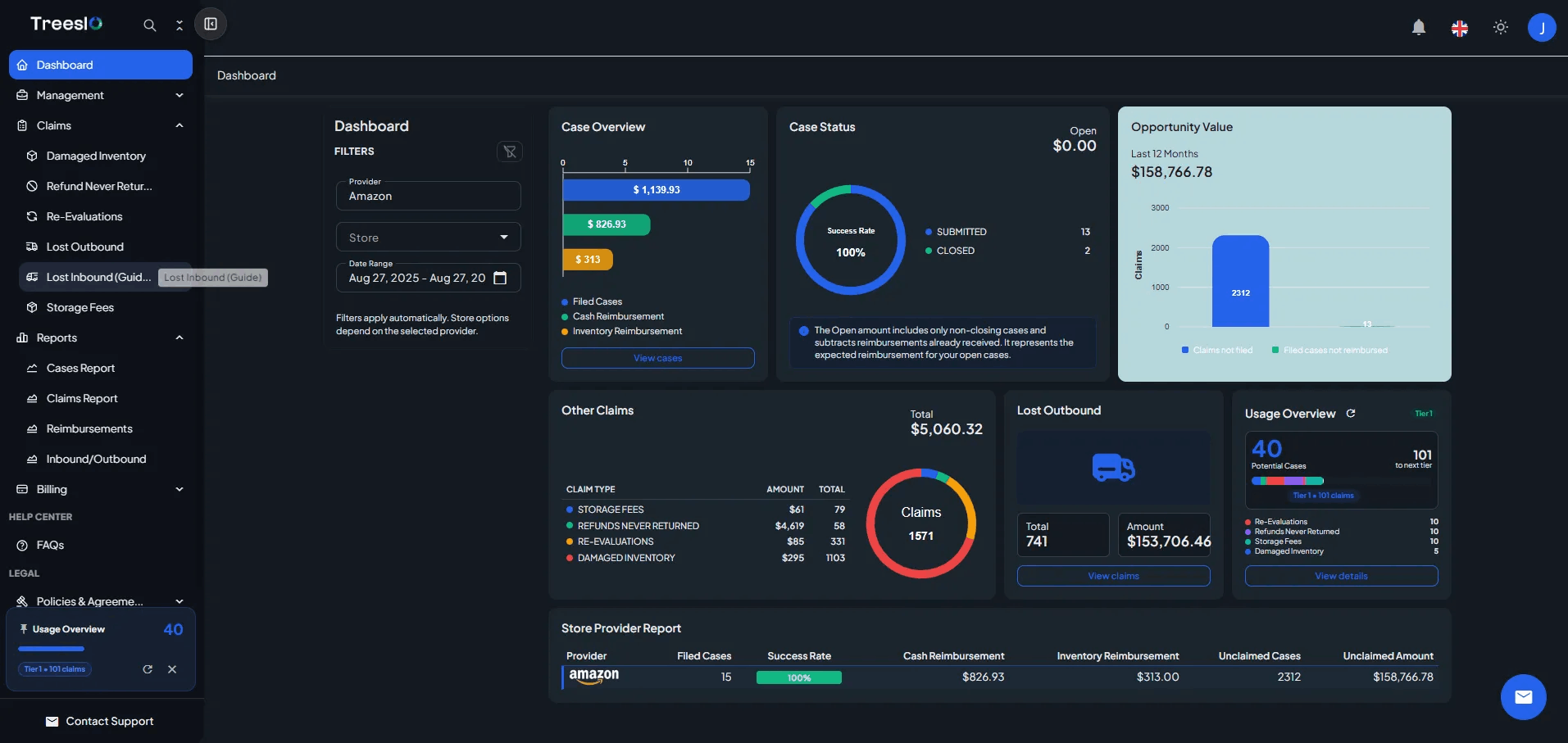 Treeslo dashboard in dark mode